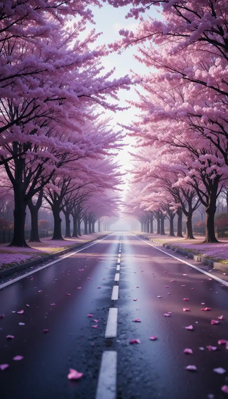 Cinematic spring road lined with blooming cherry blossom trees