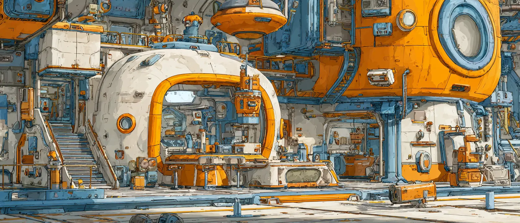 Retro futuristic space station with cinematic realistic detail