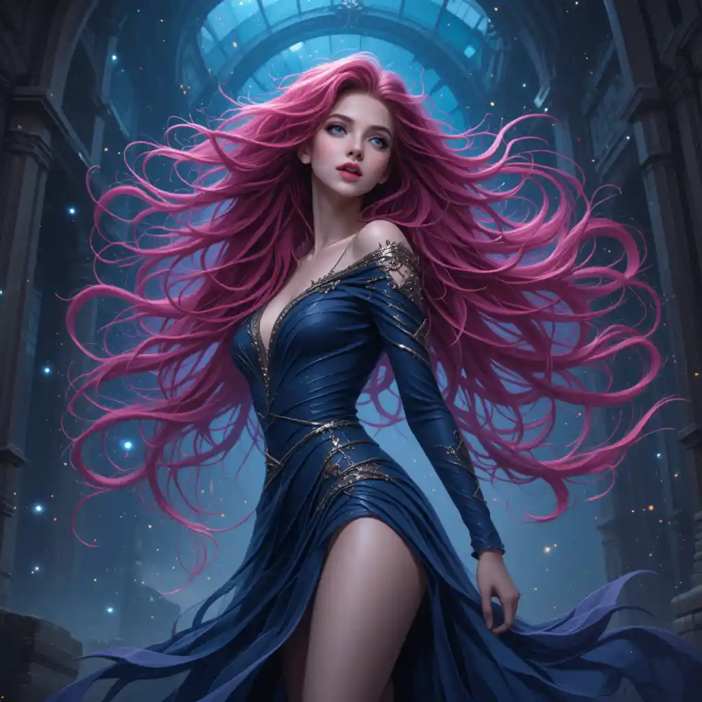 Donna fantasy dai fluenti capelli rossi tra antiche rovine