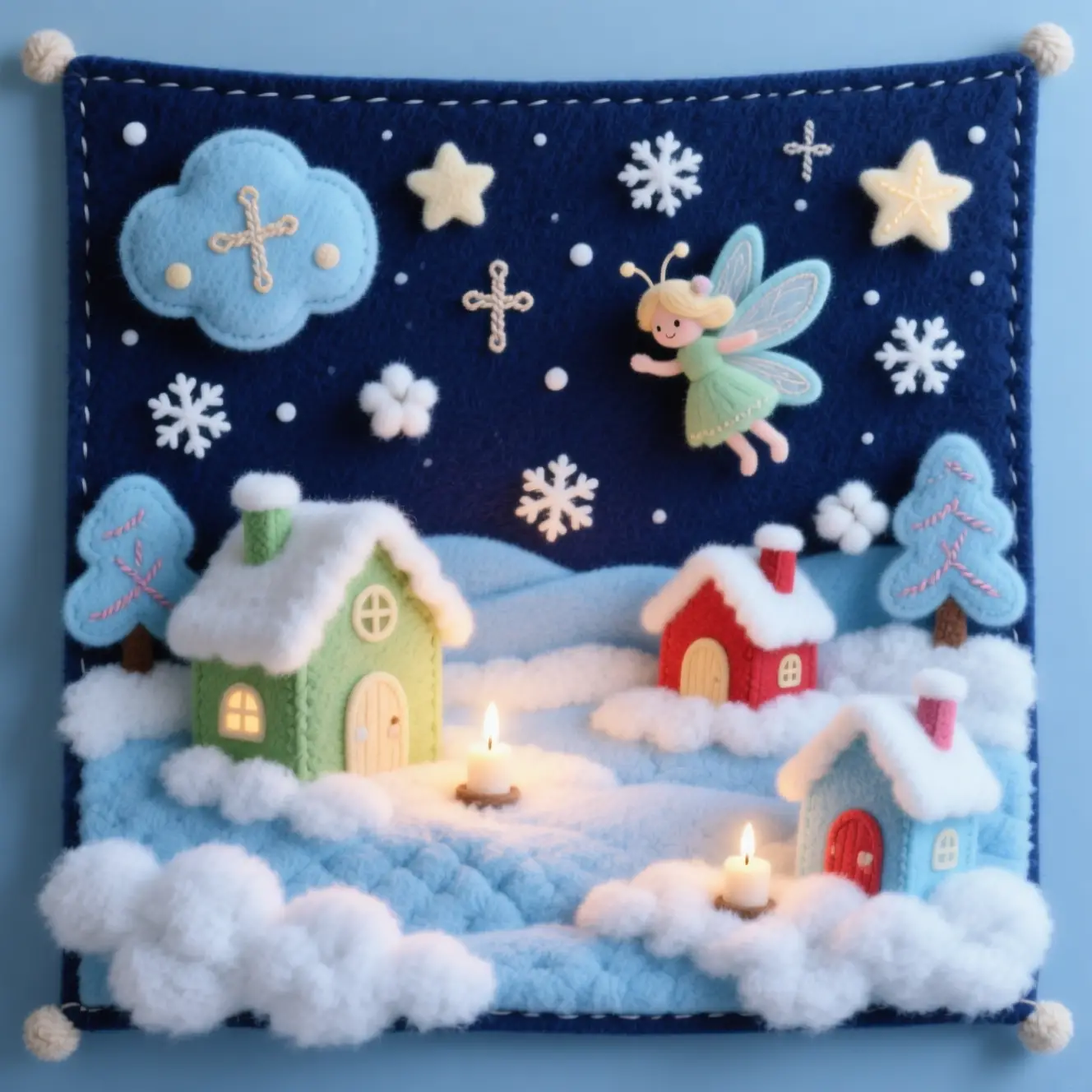Cozy felt fairy tale village under a soft night sky
