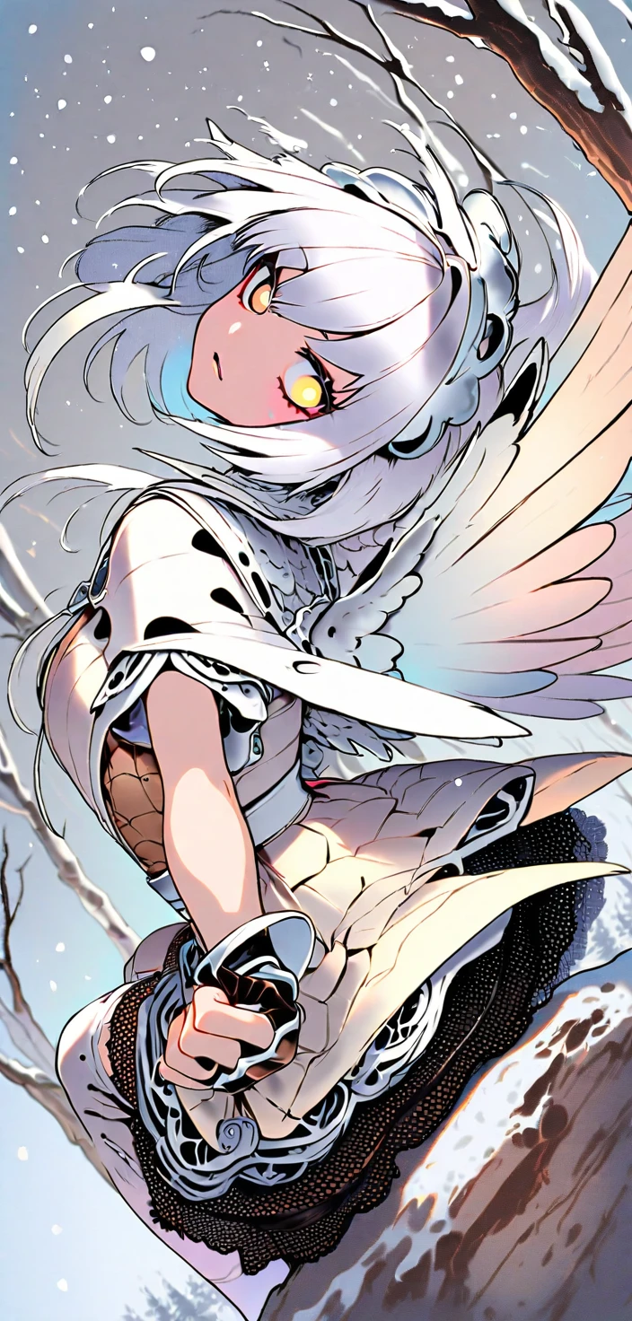 白髮長翼少女在雪中岩石上