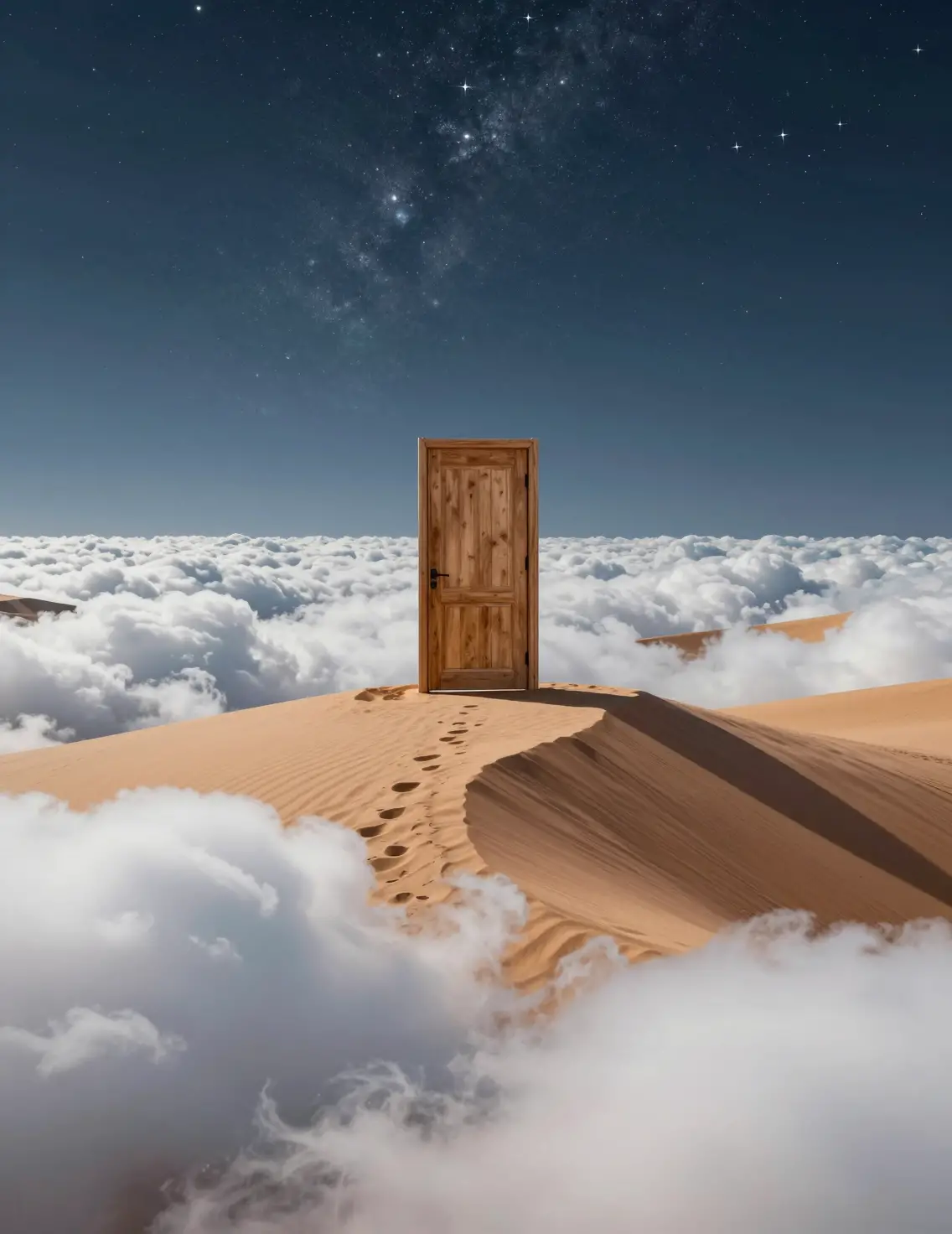 Surreal cloud dunes with open door to starry night sky