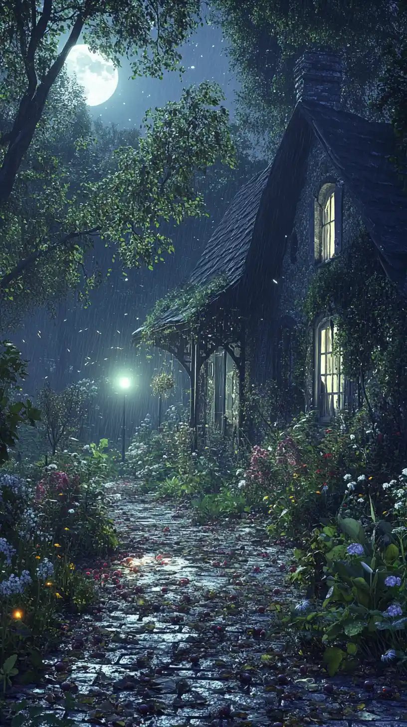 Moonlit Wild Garden Beside A Quiet Forest Cottage