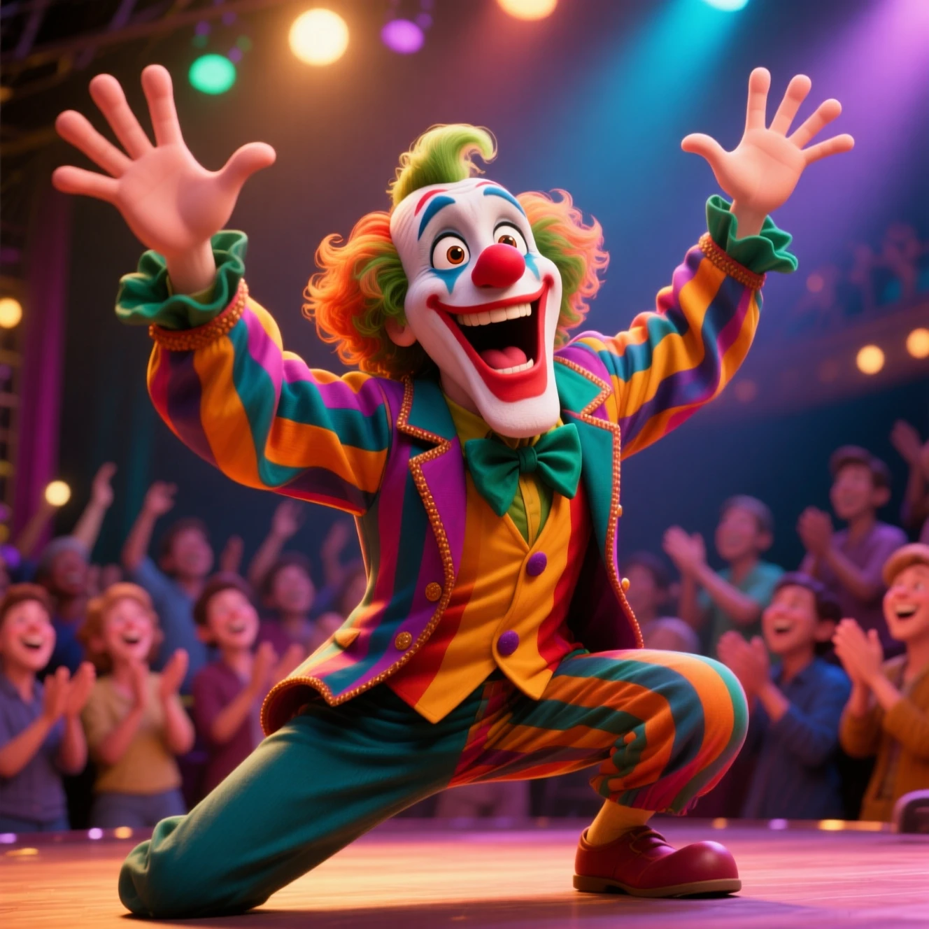 Comedic performer in colorful costume on lively stage