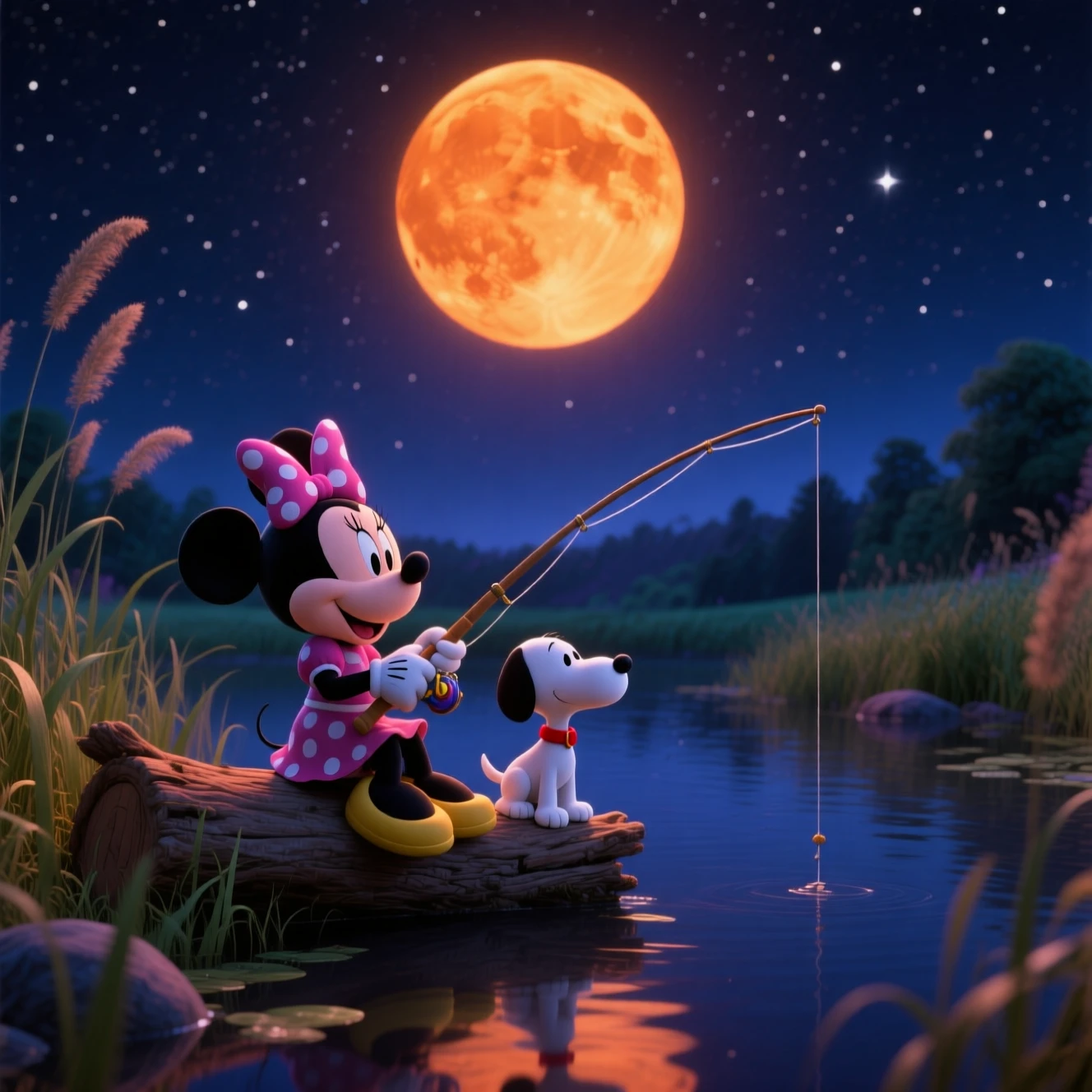 Cartoon dog fishing by a quiet moonlit lakeside