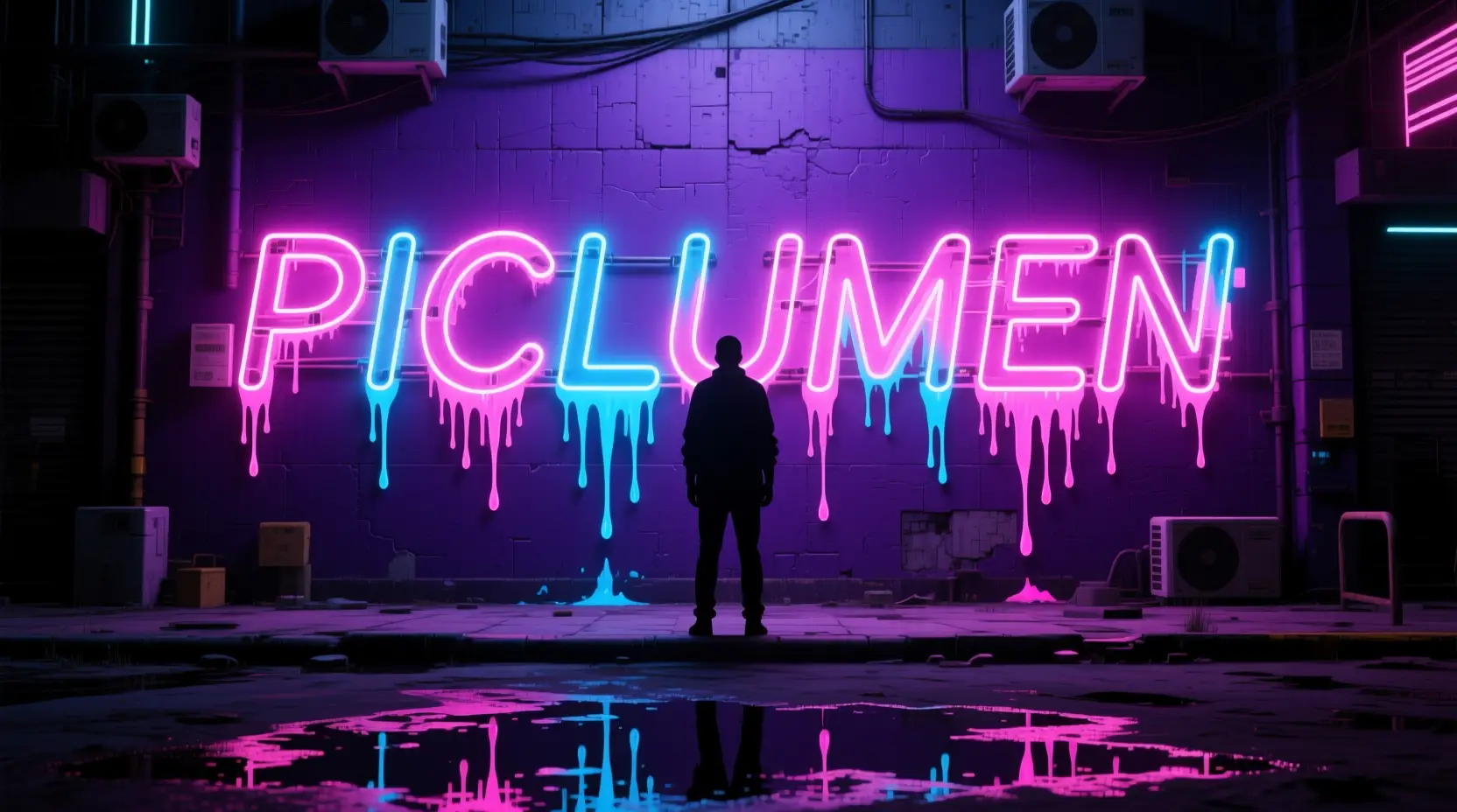 Silhouetted figure before neon sign in dark city alley