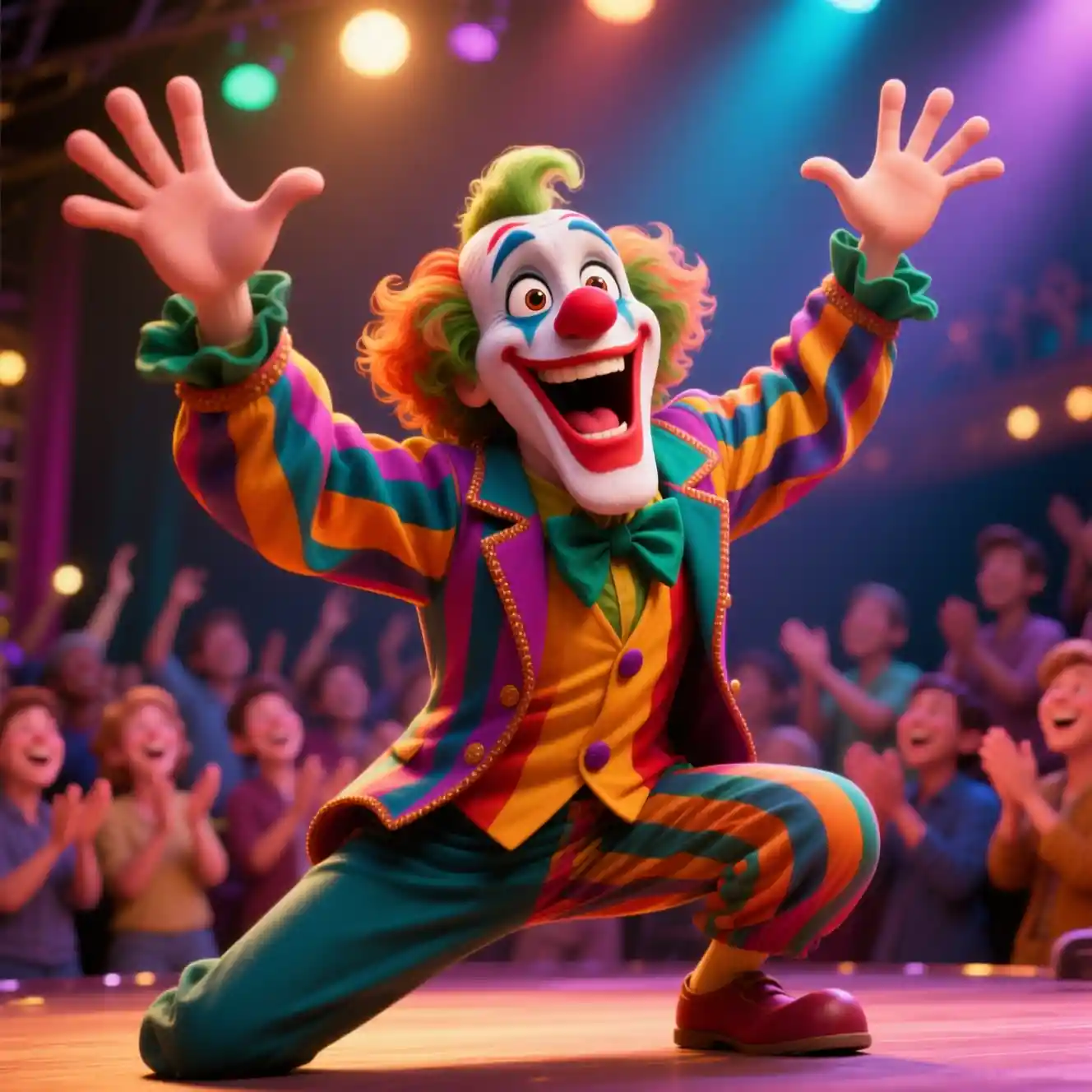 Comedic performer in colorful costume on lively stage