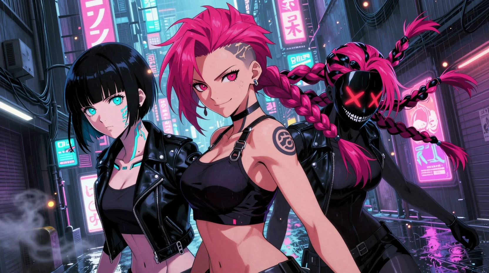 Eroine anime cyberpunk in un vicolo intriso di neon