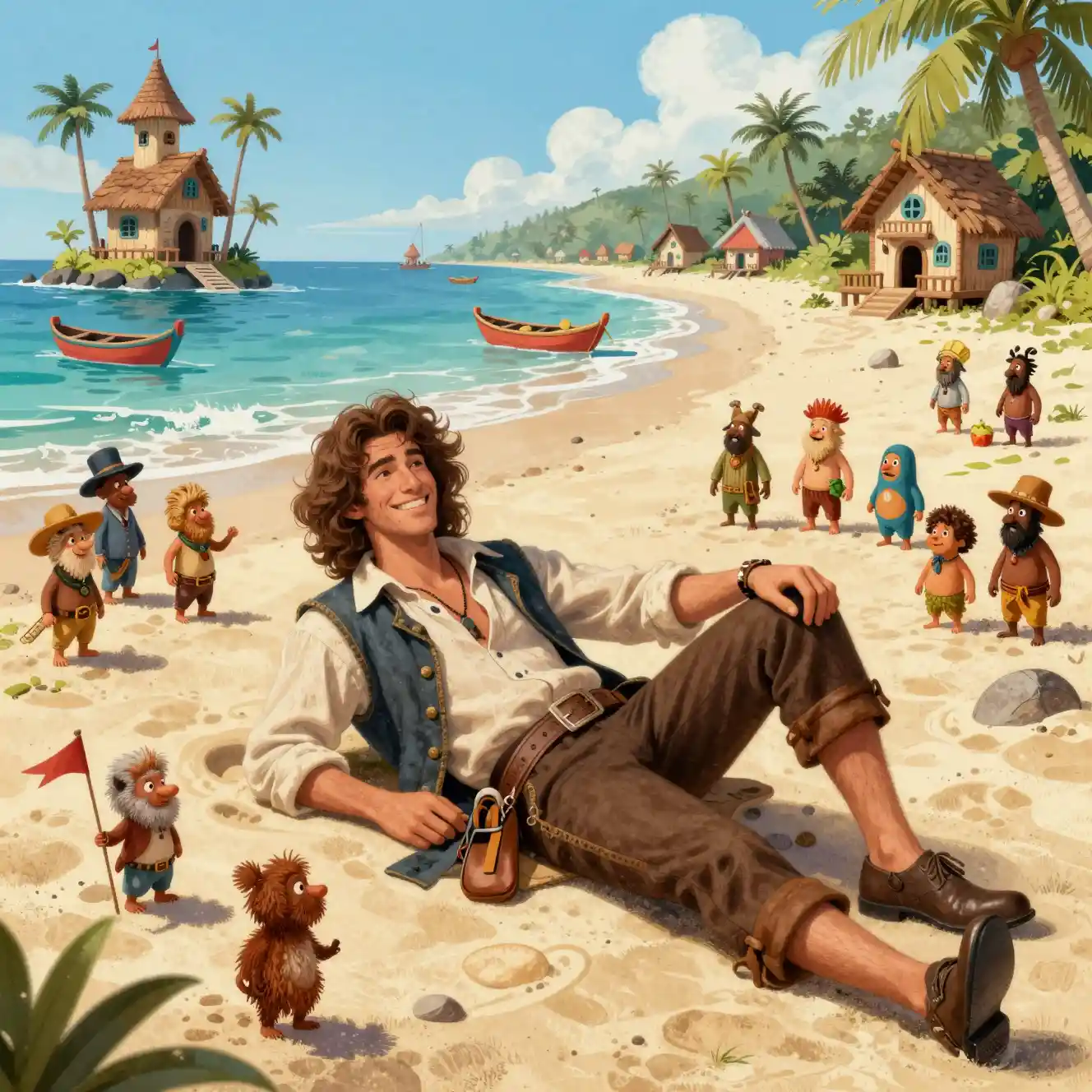 Young man relaxing on a beach with tiny islanders