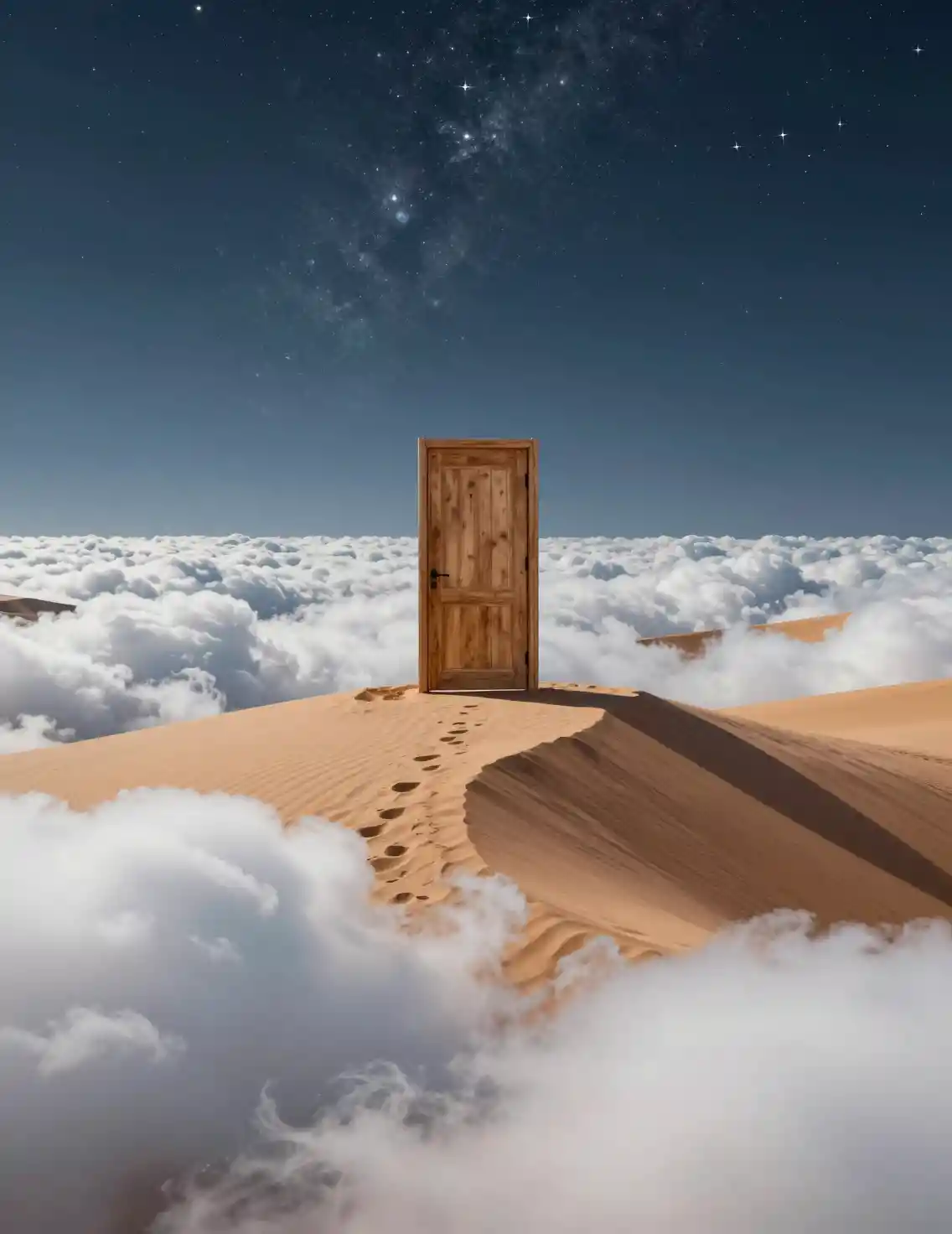 Surreal cloud dunes with open door to starry night sky