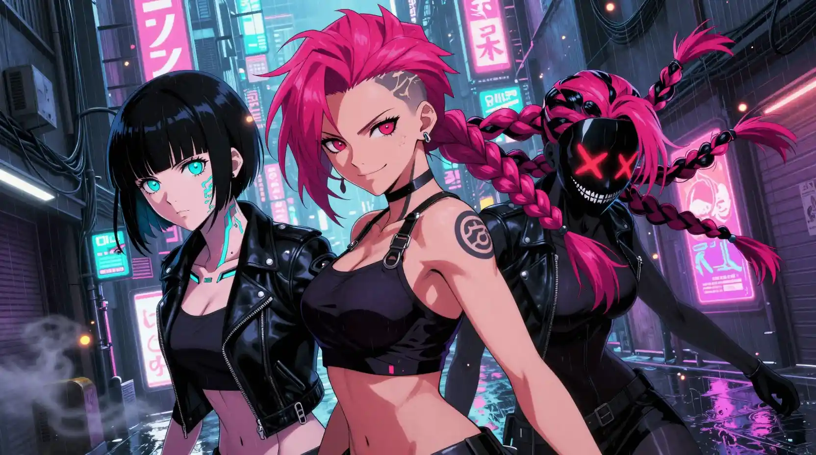 Eroine anime cyberpunk in un vicolo intriso di neon