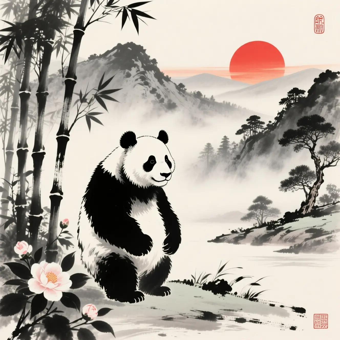 Warrior panda in ink beside bamboo and rising sun