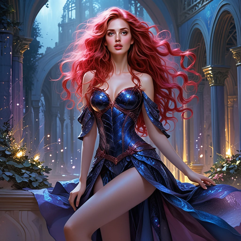 Romantic fantasy woman with flowing hair in ancient ruins