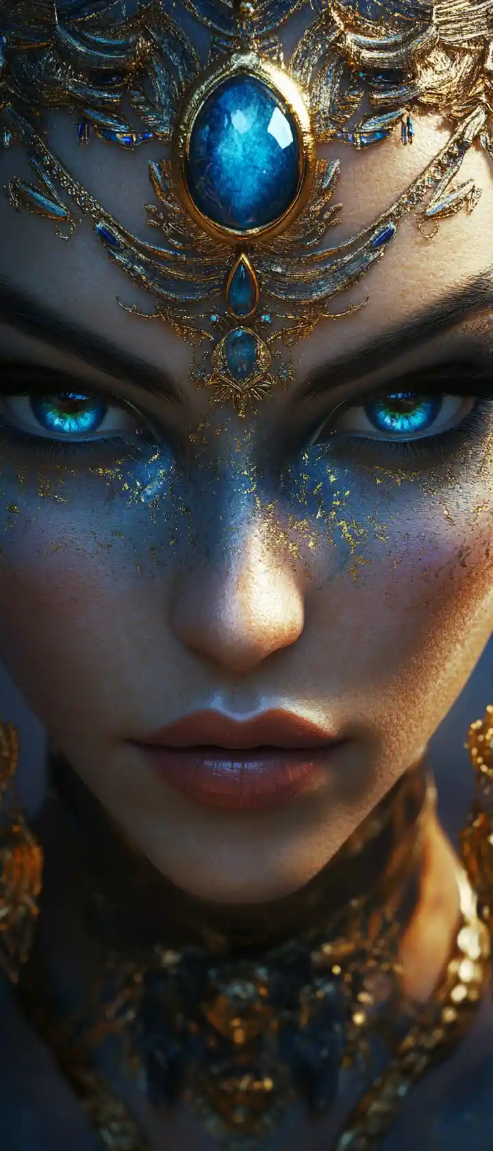 Majestic fantasy goddess with sapphire blue eyes and jewelry