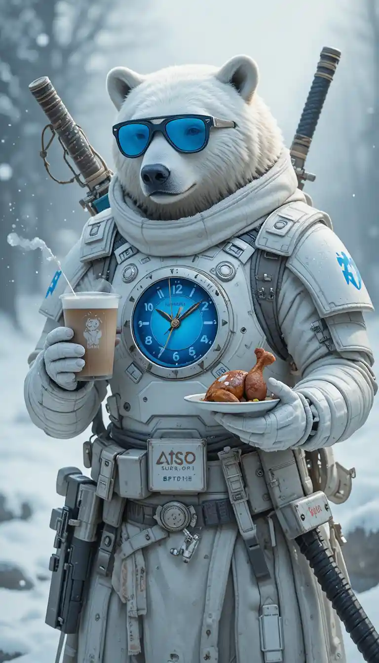 Eisbär im Schnee mit Rüstung und warmem Essen