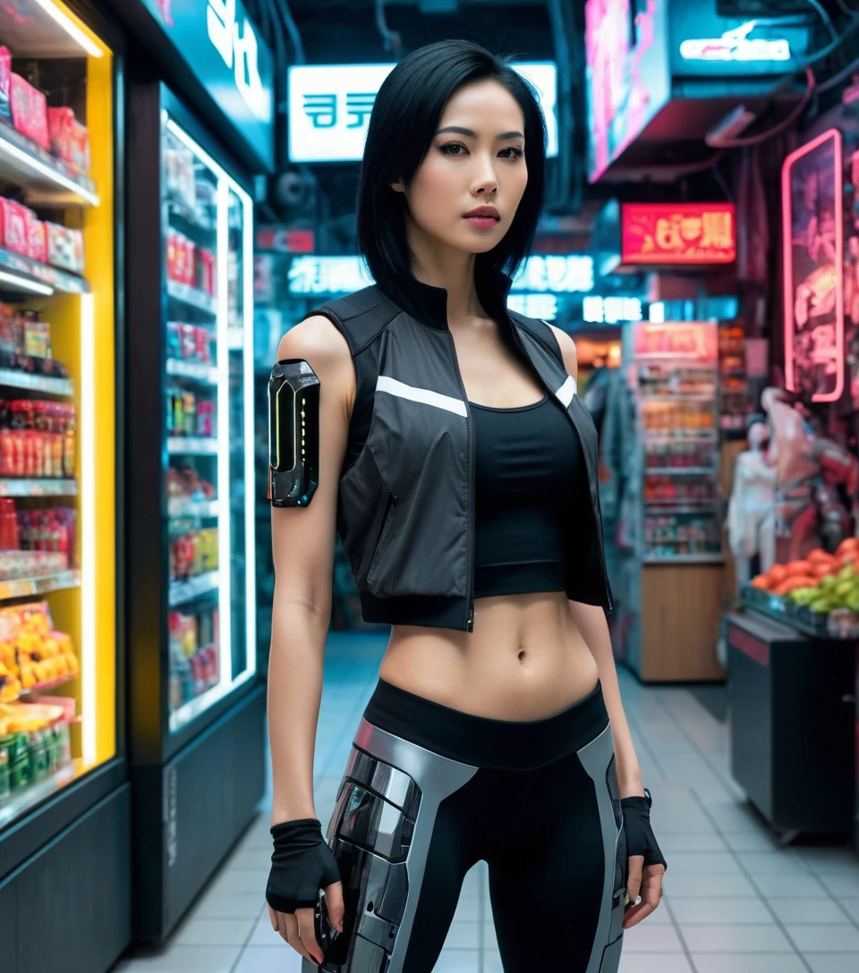 Cyberpunk Vietnamese woman with cybernetic body enhancements