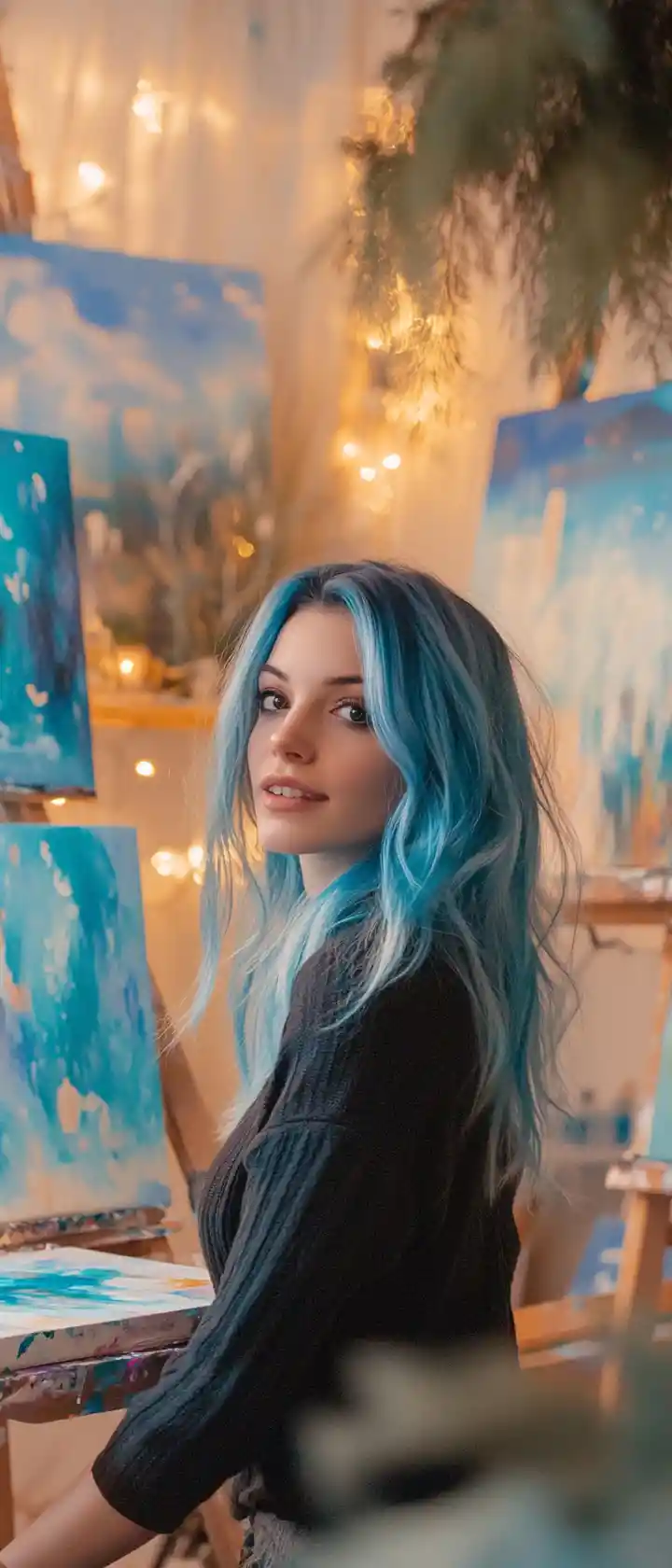 Giovane artista dai capelli blu che dipinge in uno studio accogliente