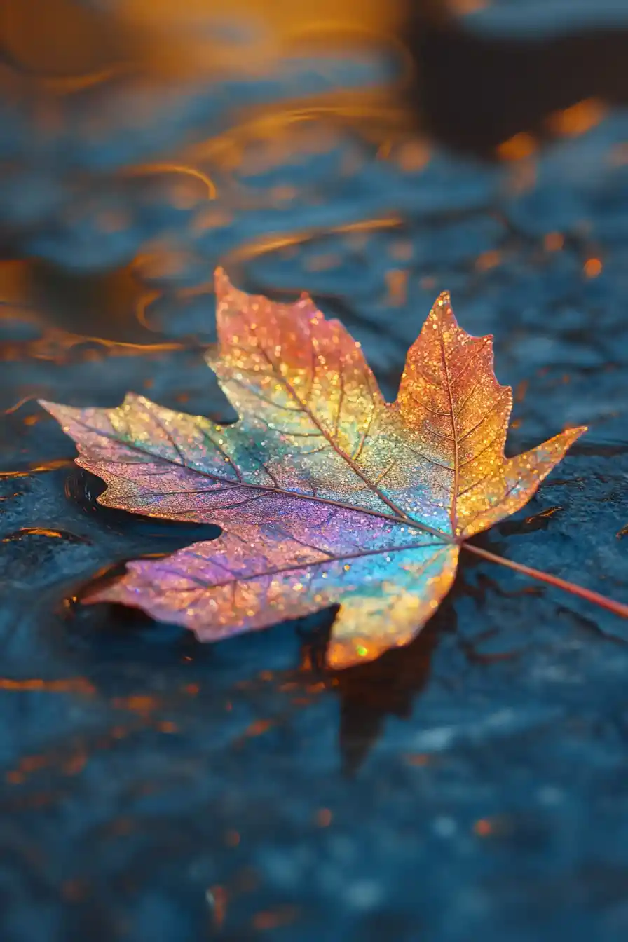 Colorful metallic maple leaf in a dreamy fantasy setting