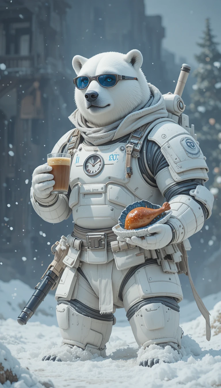 Polar bear in snow with blue clock and bento lunch