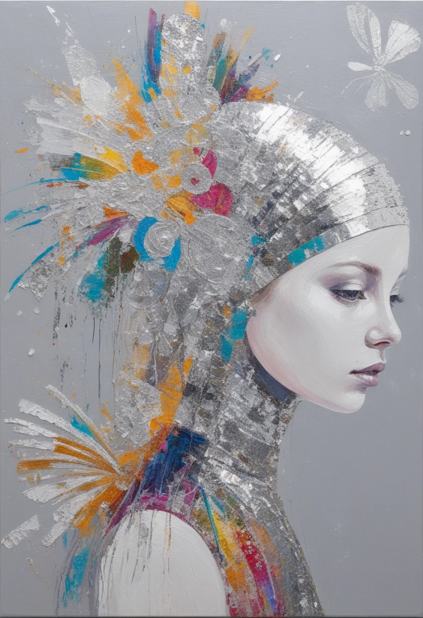 Minimalist painting of a girl in shimmering silver attire