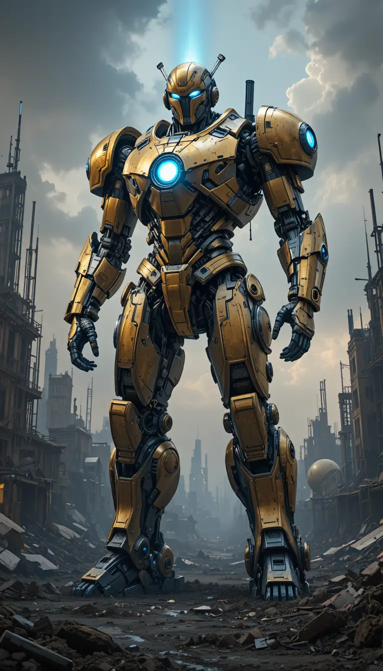 Golden armored robot in a ruined futuristic metropolis
