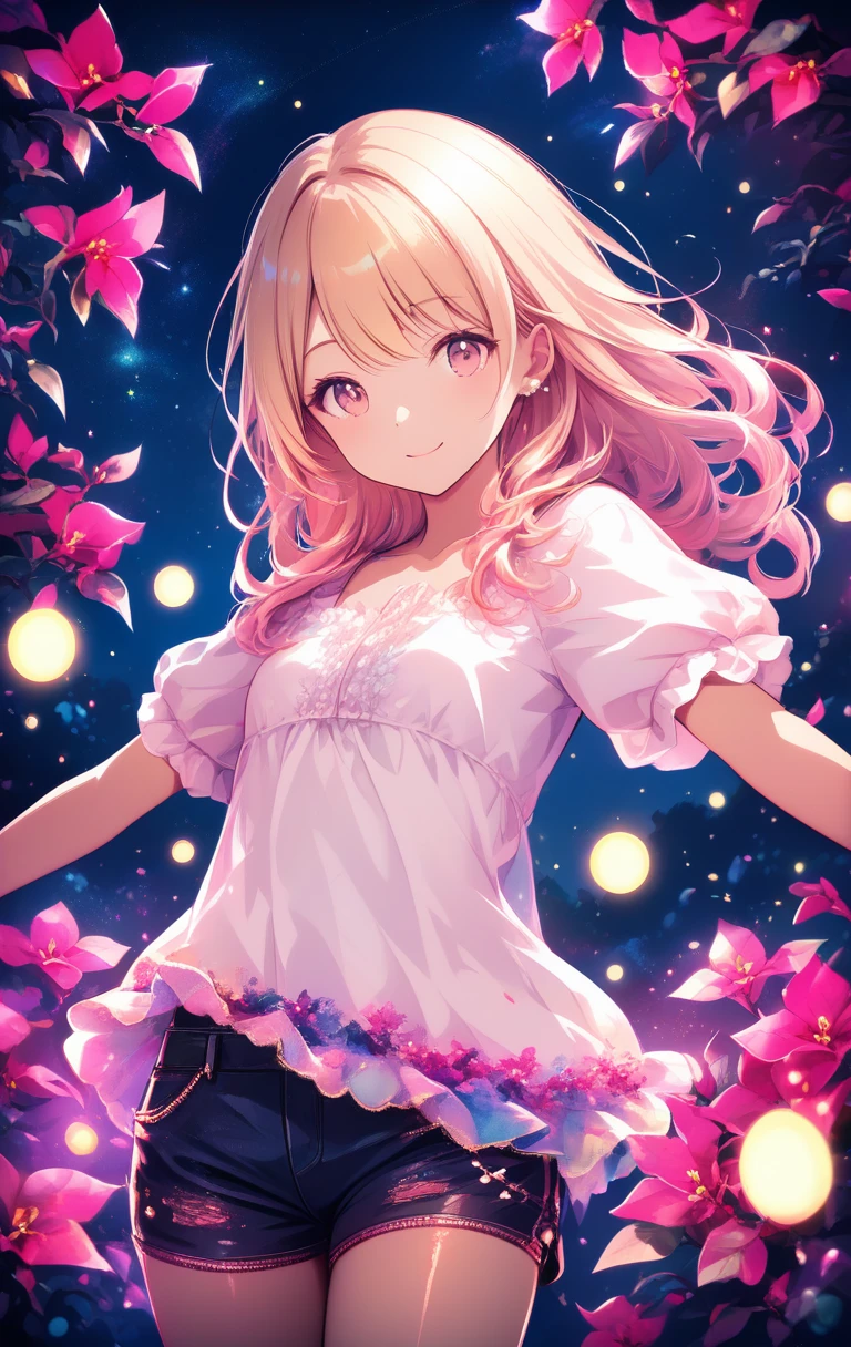 月色夜空下微笑的動漫辣妹少女