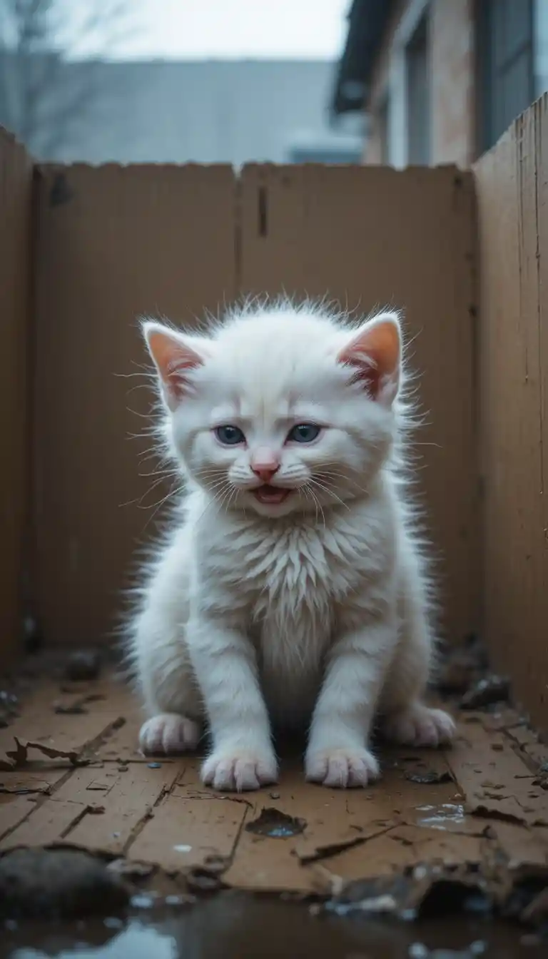 Abandoned white kitten curled in a cold cardboard shelter