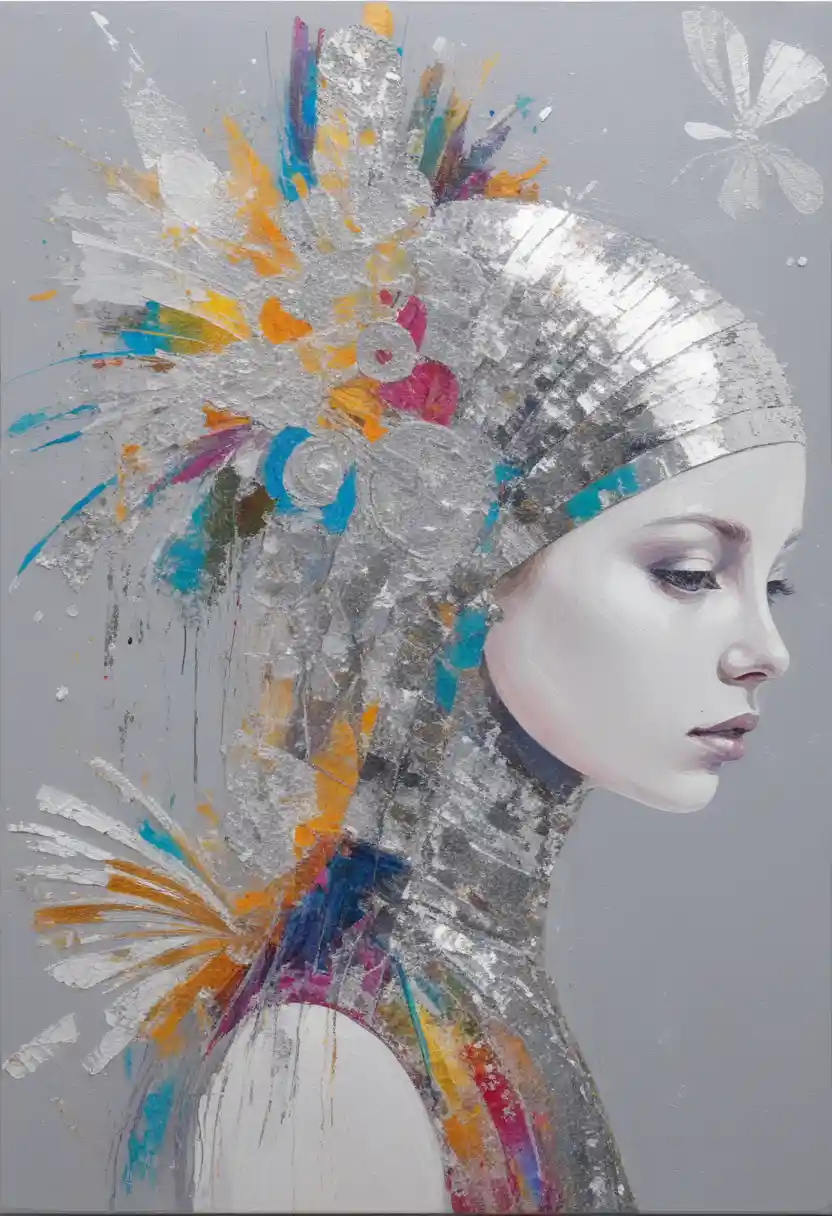 Minimalist painting of a girl in shimmering silver attire