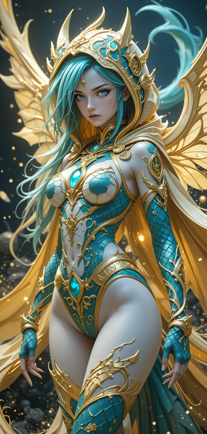 發光戰鬥姿態的龍鱗風動漫女戰士