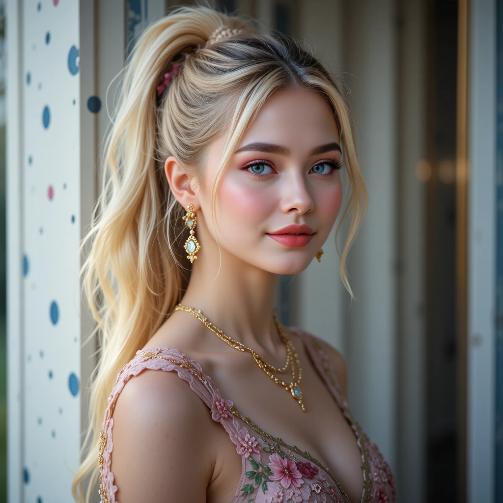 Joyful blonde woman in floral dress by patterned wall