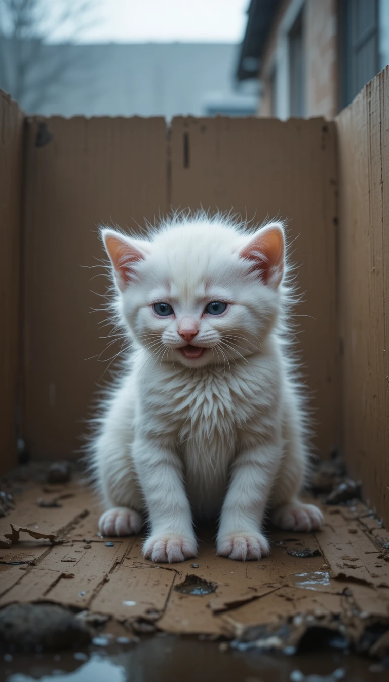 Abandoned white kitten curled in a cold cardboard shelter