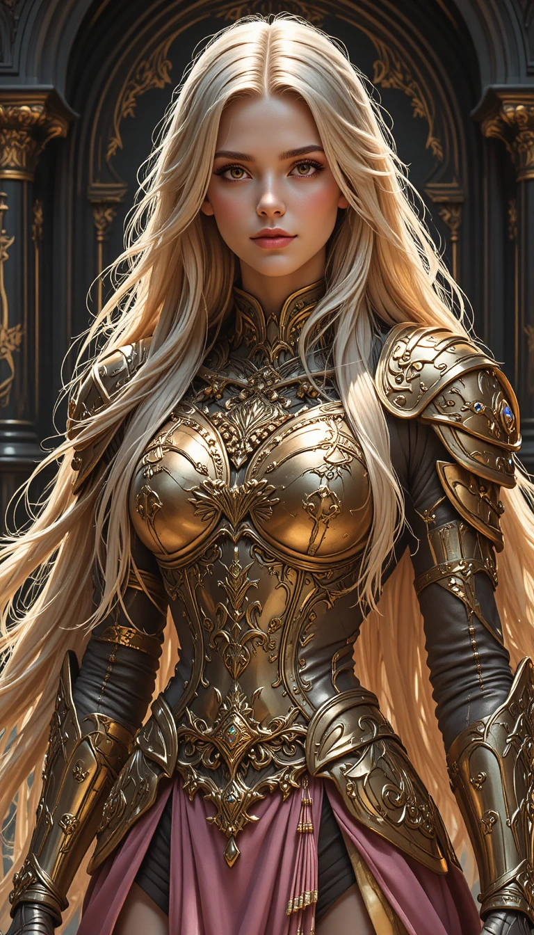 Golden armored blonde warrior woman in ornate fantasy hall