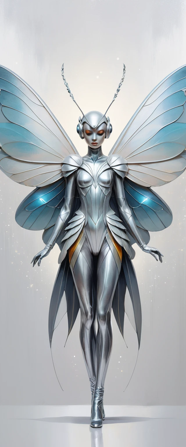 Abstract fairy moth figure in shimmery silver colors