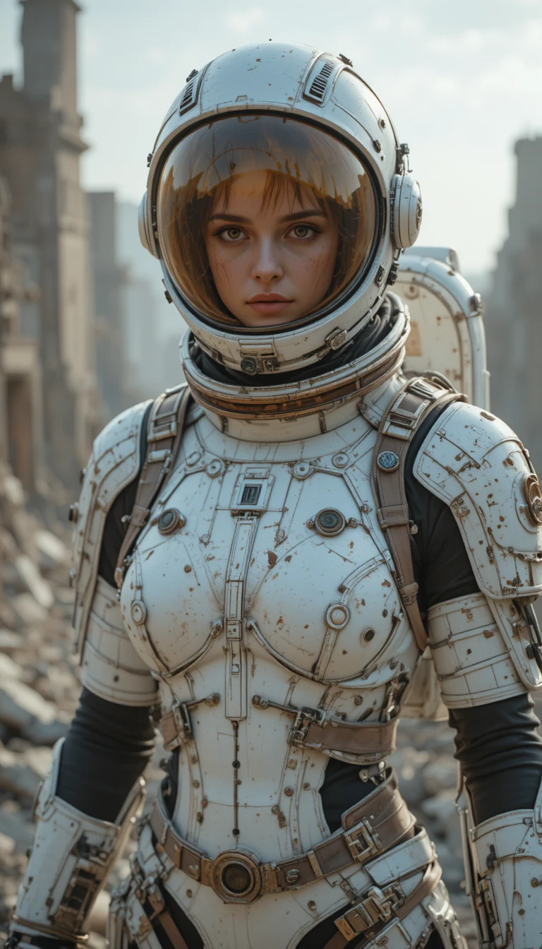Woman astronaut in tattered white armor on ruined planet