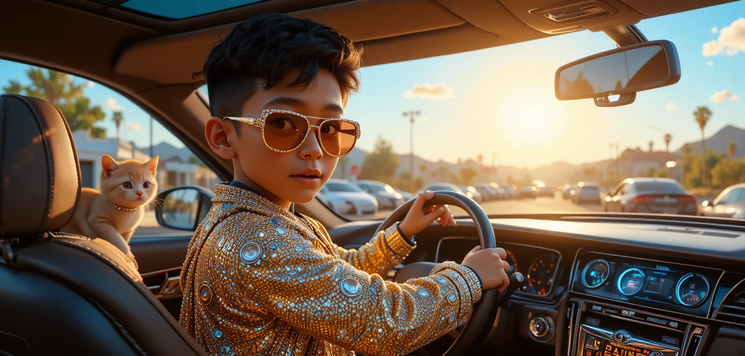 Little rapper boy in a flashy convertible car scene