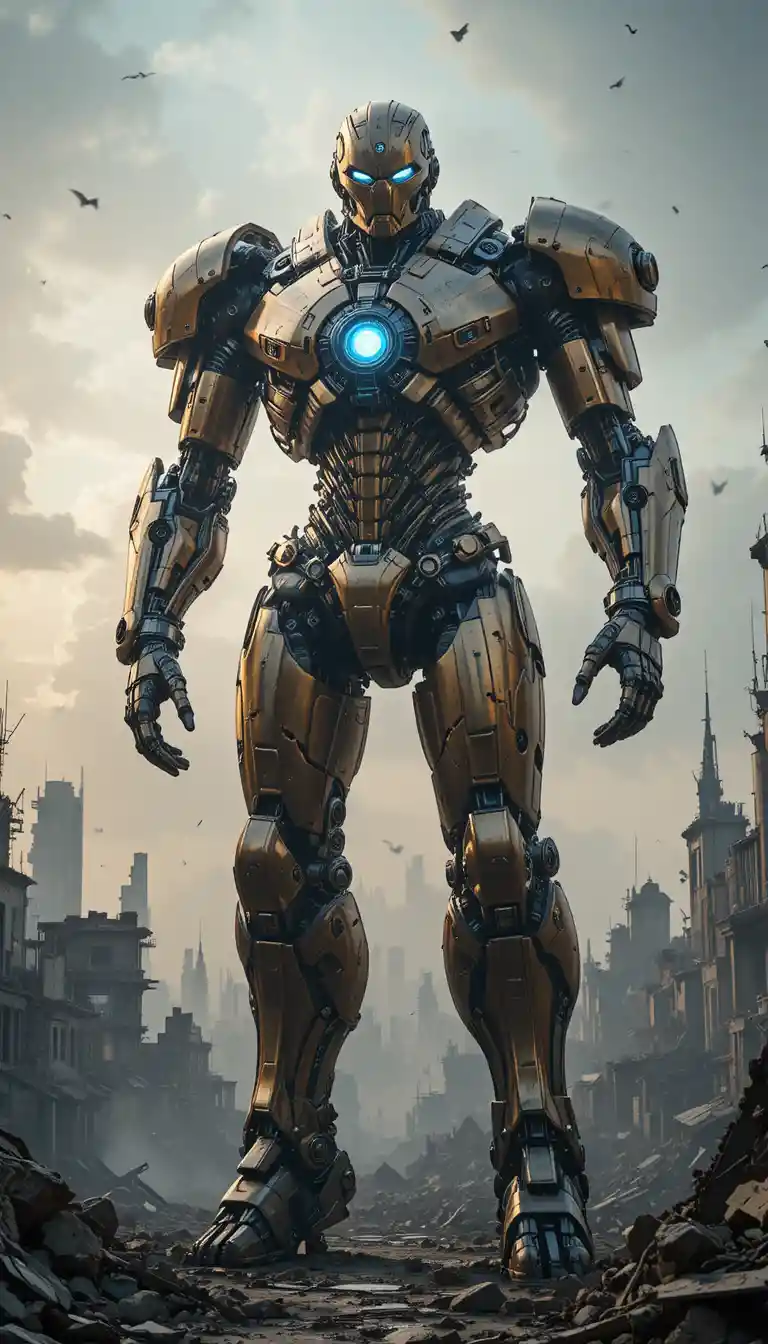 Robot doré blindé dans une ville futuriste en ruines