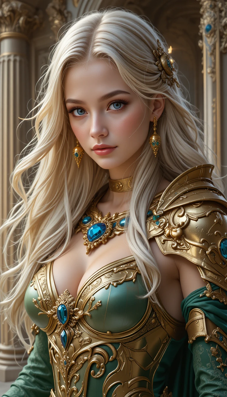 Ornate armored woman before grand fantasy columns