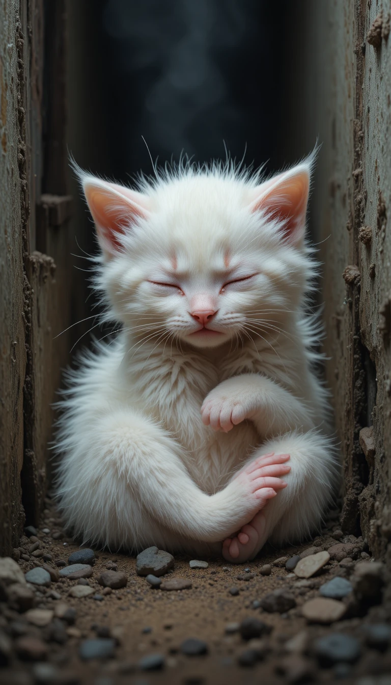 Newborn white kitten curled alone in a dark alley box