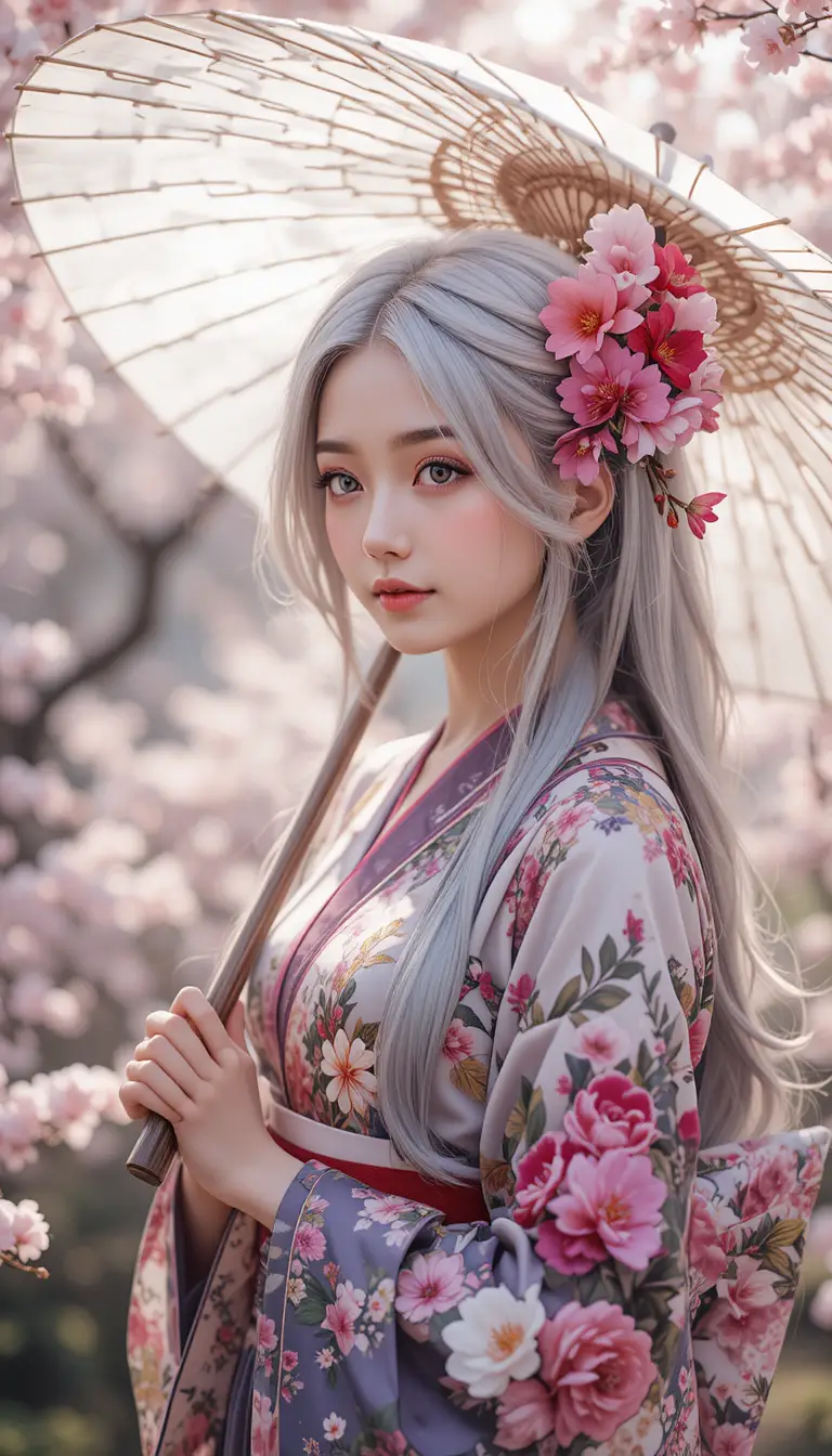 Silver haired girl in kimono under cherry blossoms