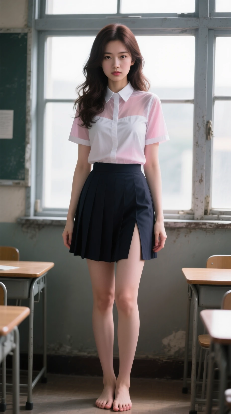 Determined young woman in school uniform by classroom window