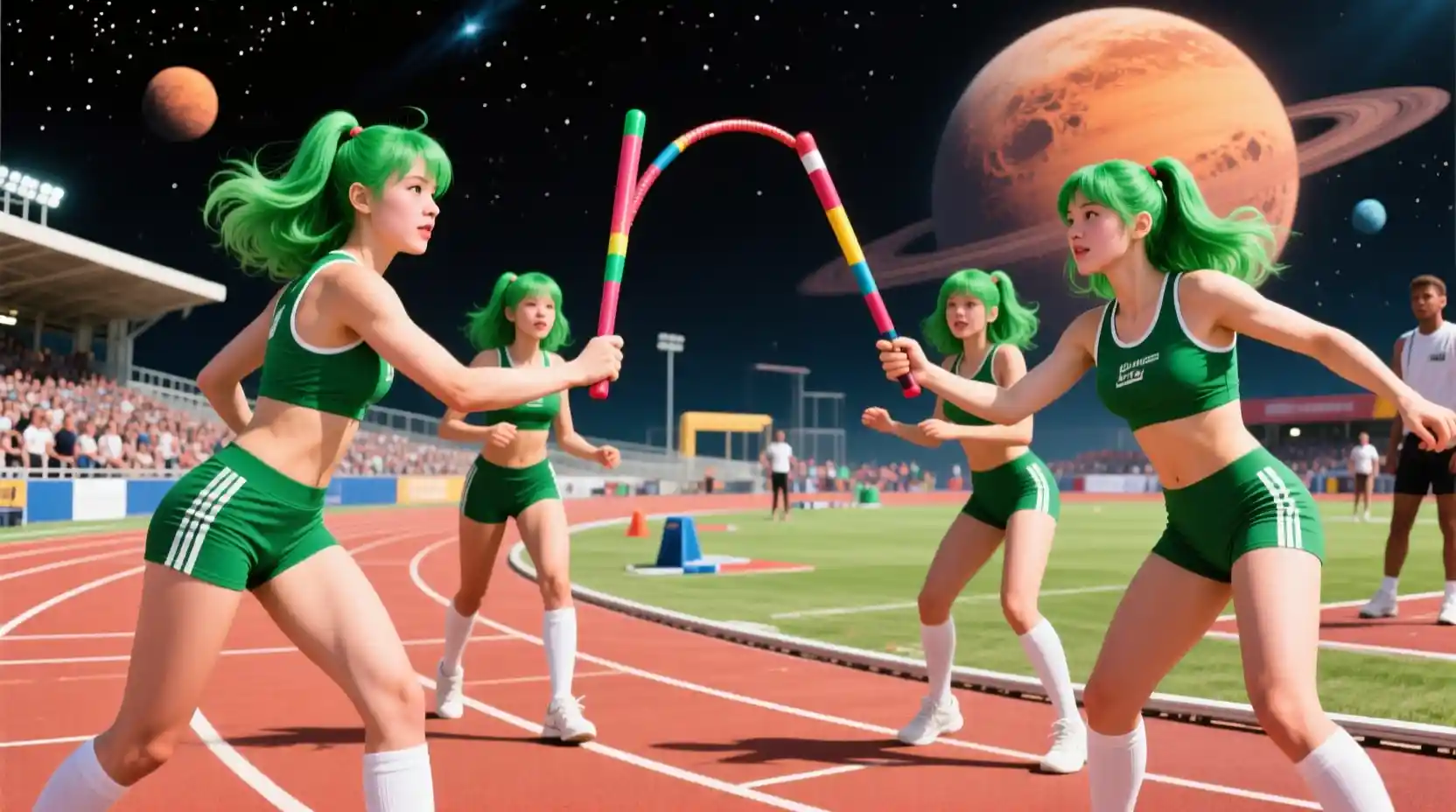 Green haired girls running a relay on an alien track