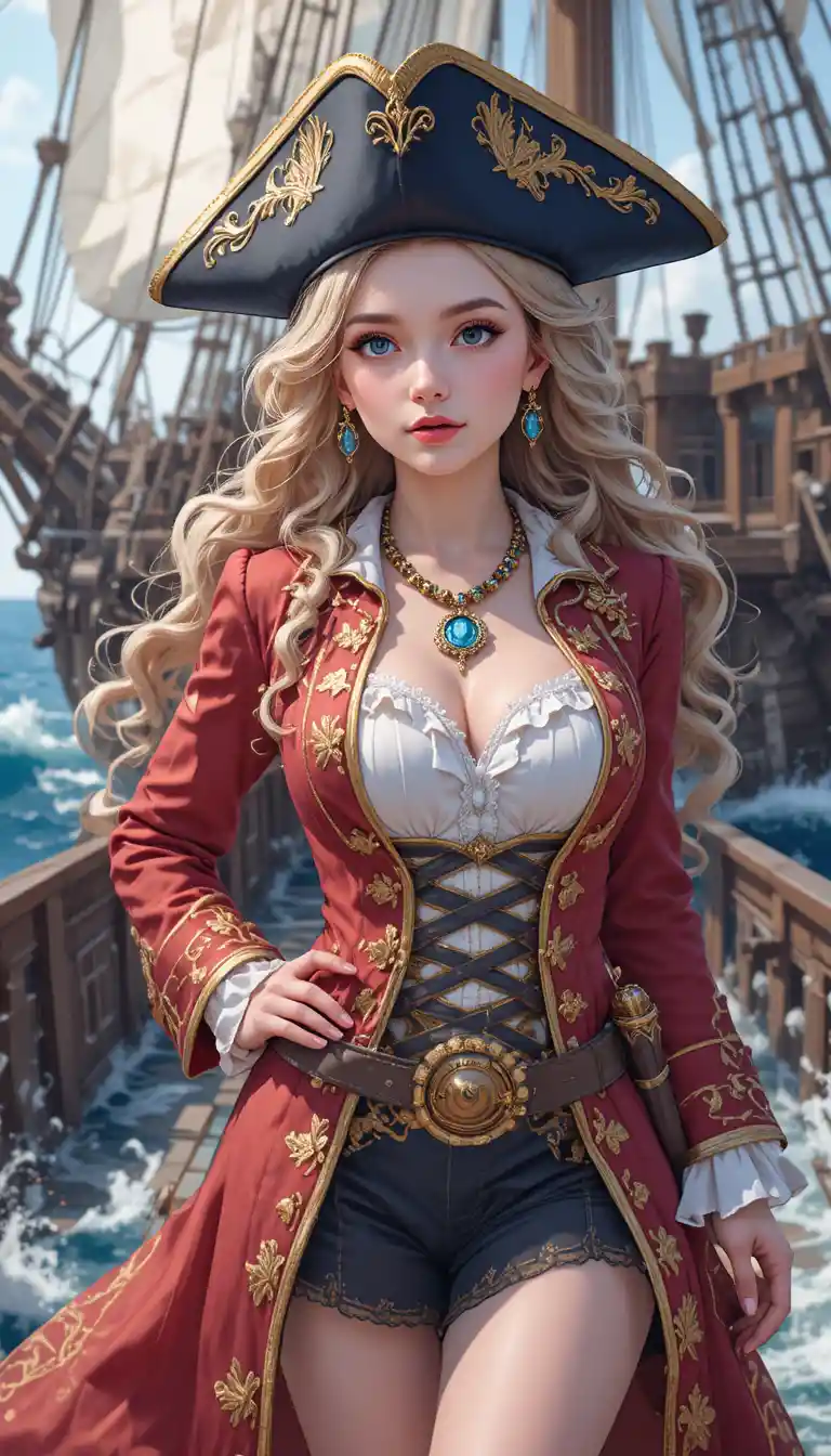 Femme pirate confiante sur le pont d’un voilier