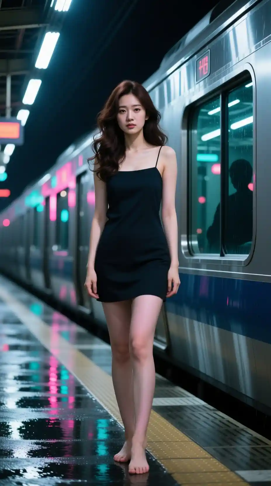 Barefoot woman on midnight train platform in neon light