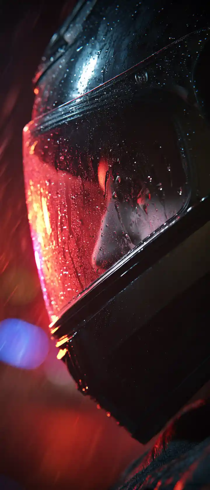 Motorcycle helmet in rain on fast night highway