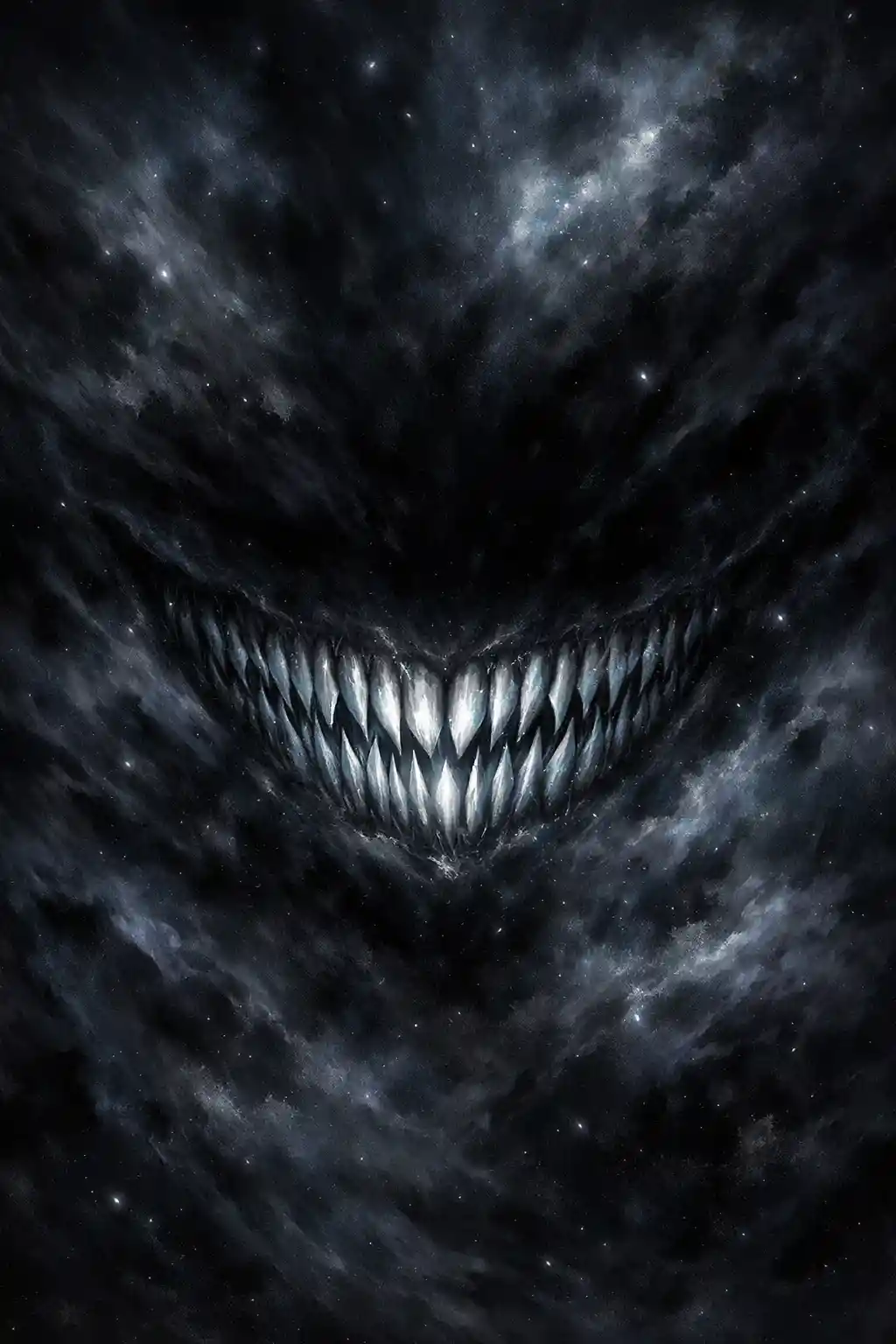 Sinister smiling maw emerging from a deep black void