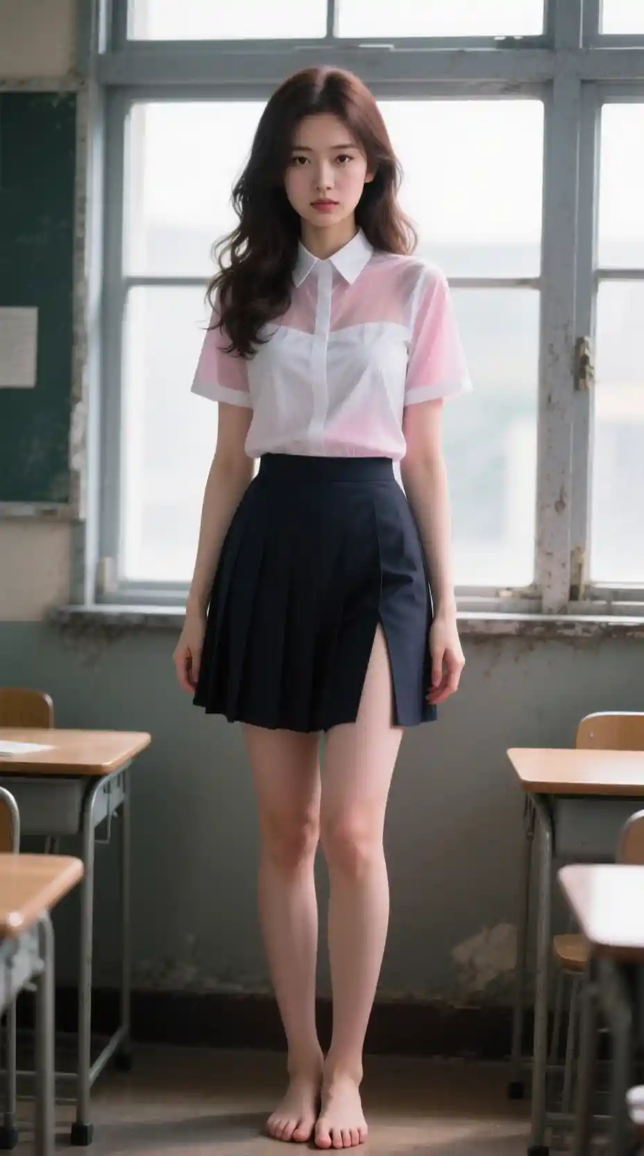 Determined young woman in school uniform by classroom window
