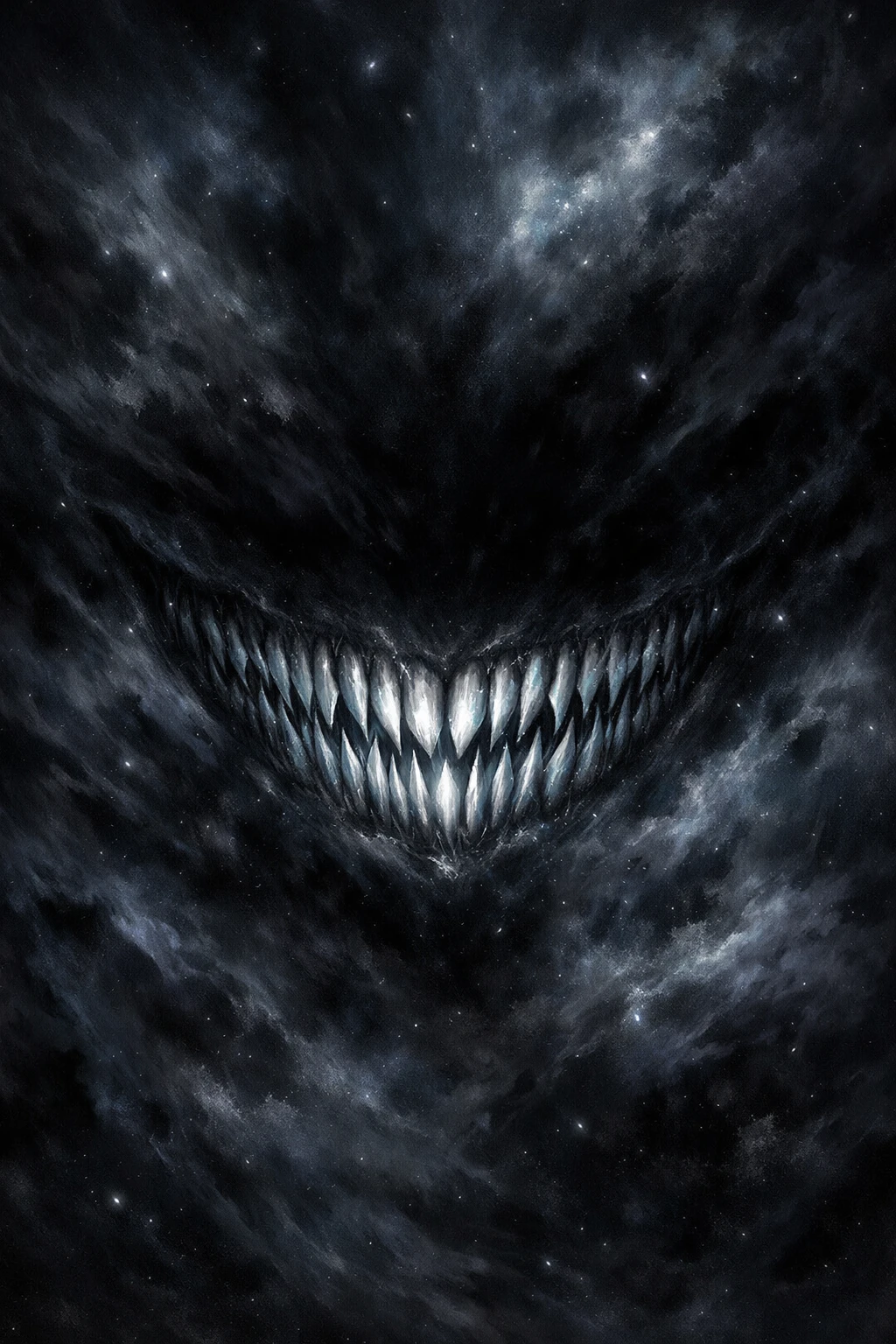 Sinister smiling maw emerging from a deep black void
