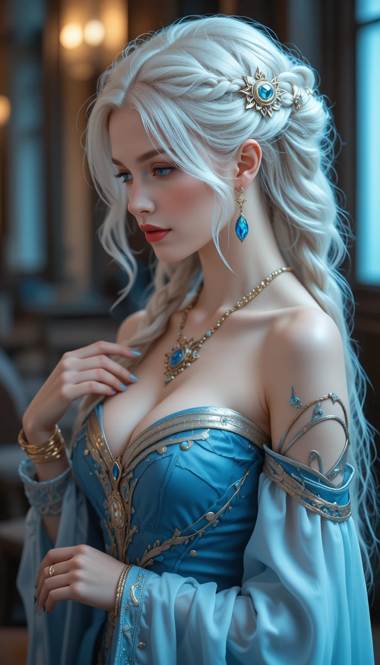 Elegante chica de cabello blanco de perfil con accesorios de joyas