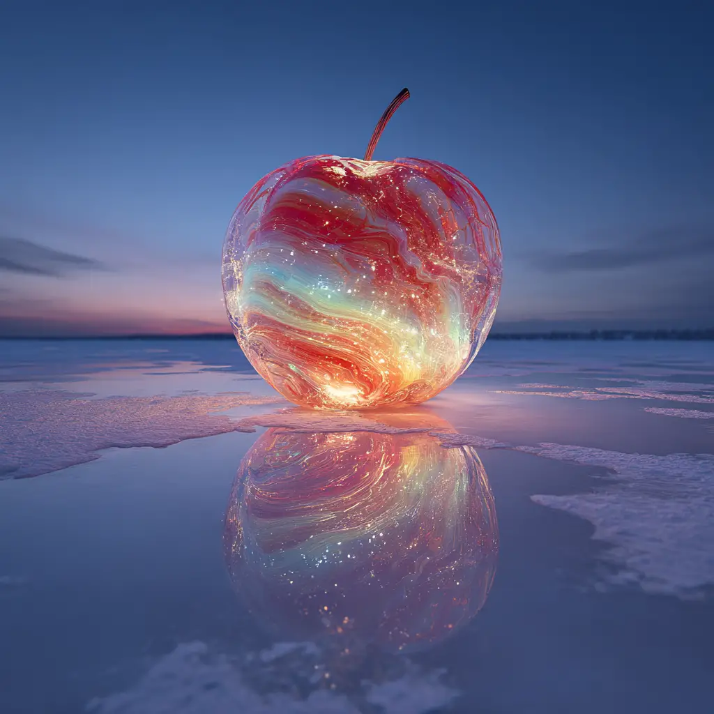 Glowing glass apple on a frozen lake at twilight