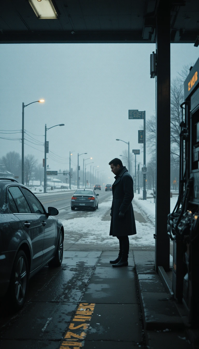 Tall man by lone car at snowy highway gas station